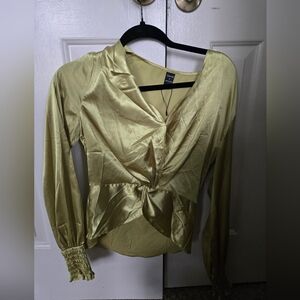 Elegant Satin Twist-Front Blouse Gold/mustard/green Size Small